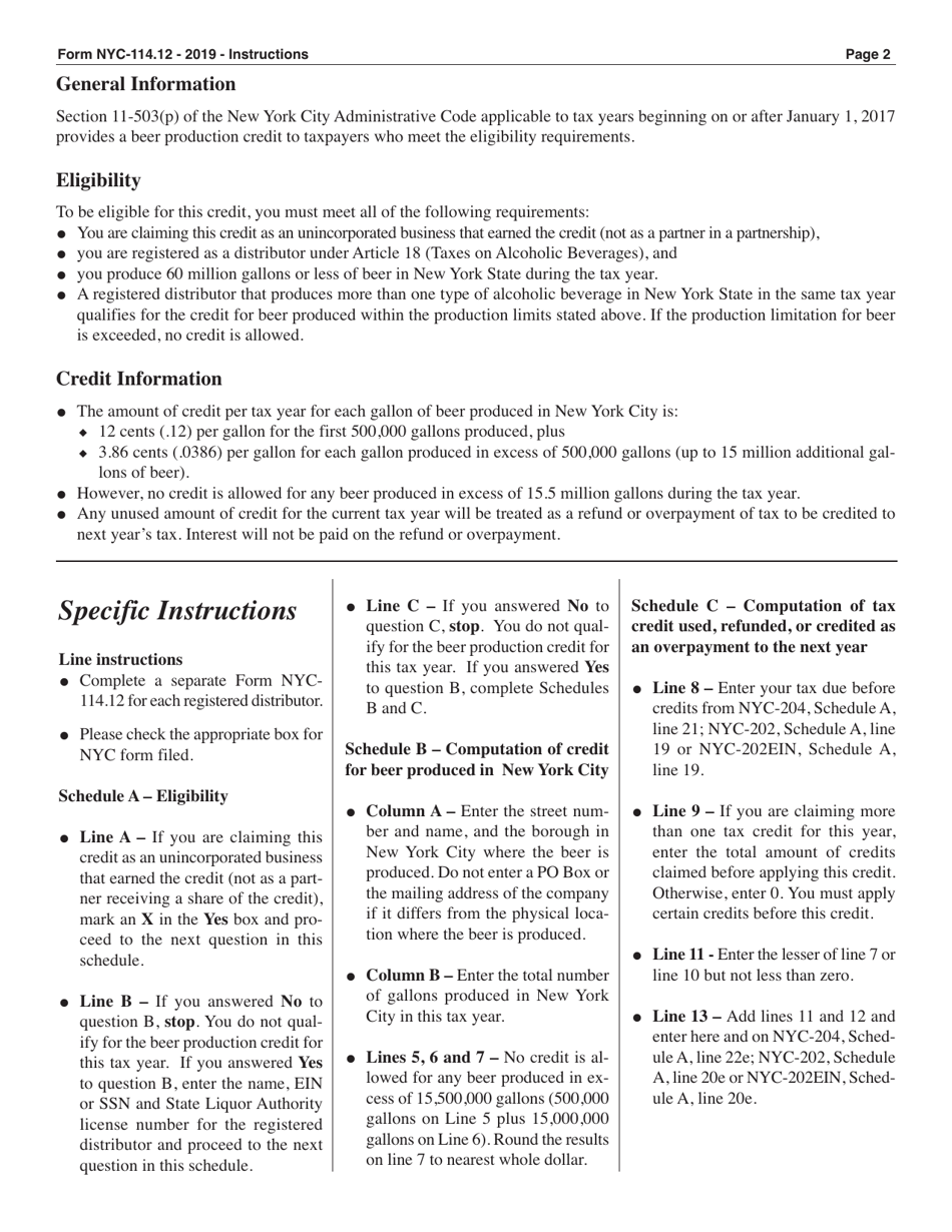 Form NYC-114.12 Claim for Beer Production Credit - New York City, Page 2