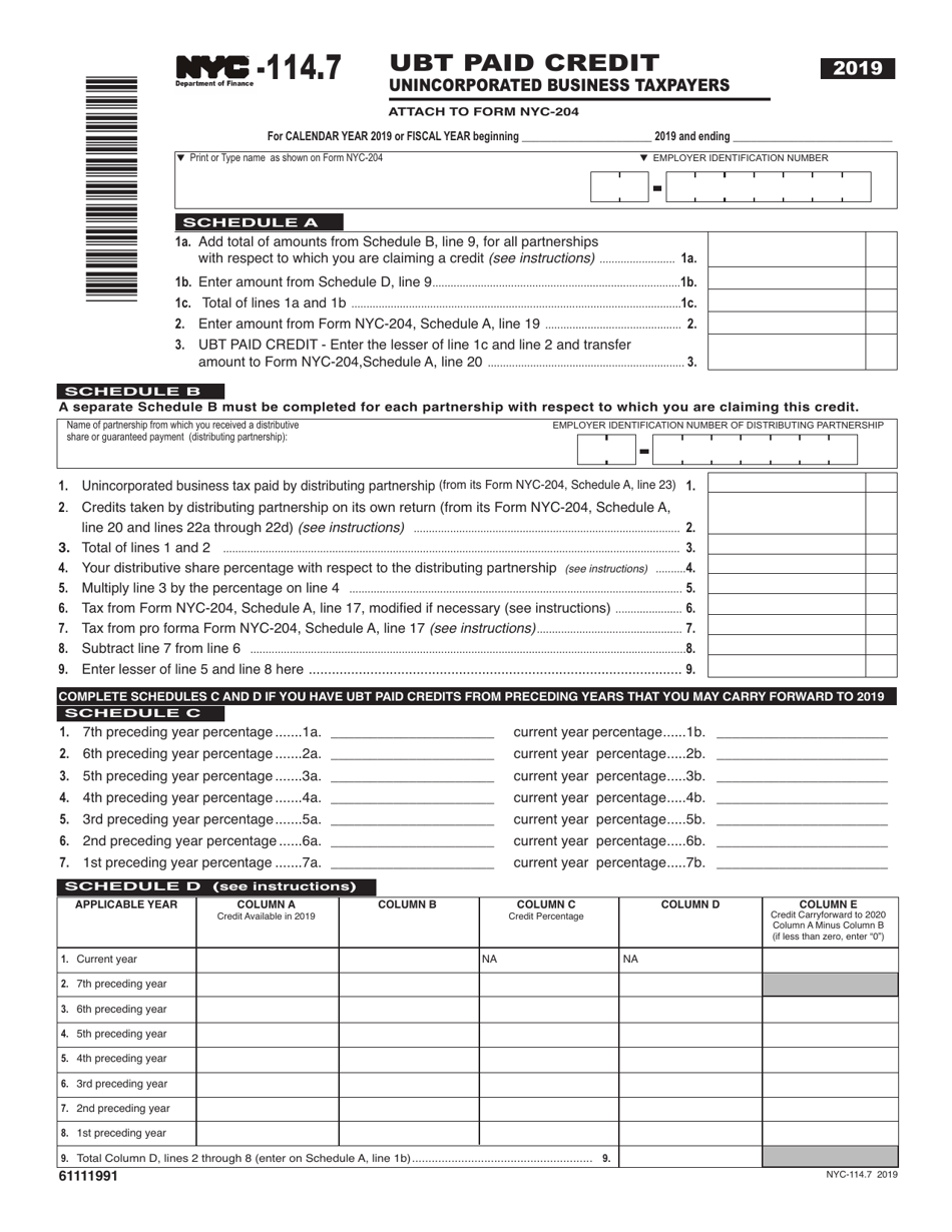 Form NYC-114.7 Ubt Paid Credit - New York City, Page 1