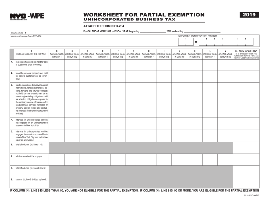 Form NYC-WPE Worksheet for Partial Exemption - New York City, Page 1