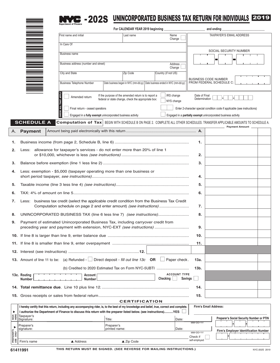 Form NYC-202S Unincorporated Business Tax Return for Individuals - New York City, Page 1