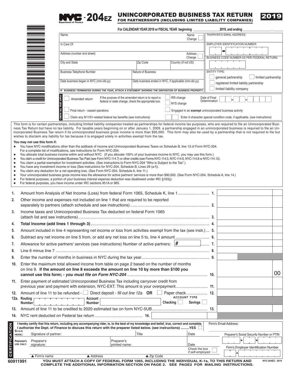 Form NYC-204EZ Unincorporated Business Tax Return for Partnerships (Including Limited Liability Companies) - New York City, Page 1