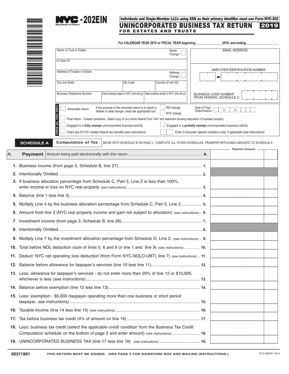 Form NYC-202EIN Unincorporated Business Tax Return for Estates and Trusts - New York City, Page 1