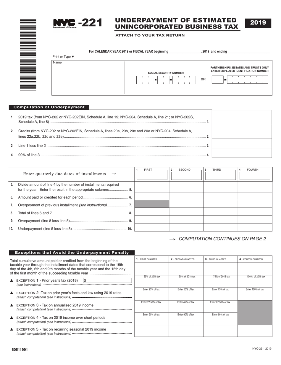 Form NYC221 Download Printable PDF or Fill Online Underpayment of