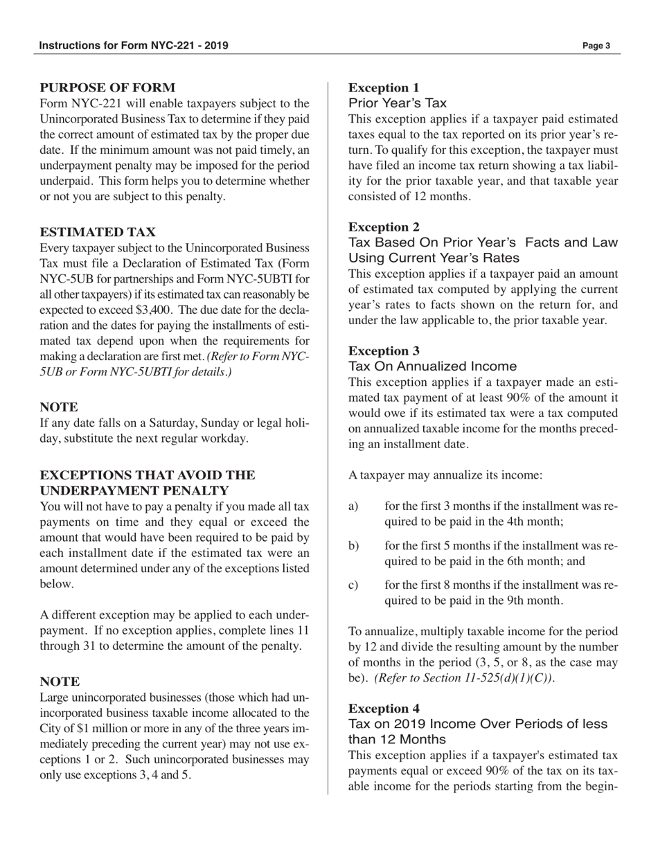 Form NYC-221 Underpayment of Estimated Unincorporated Business Tax - New York City, Page 3
