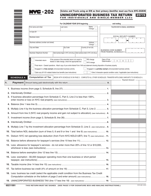 Form Nyc 202 Unincorporated Business Tax Return For Individuals And Single Member Llcs New York City Big 