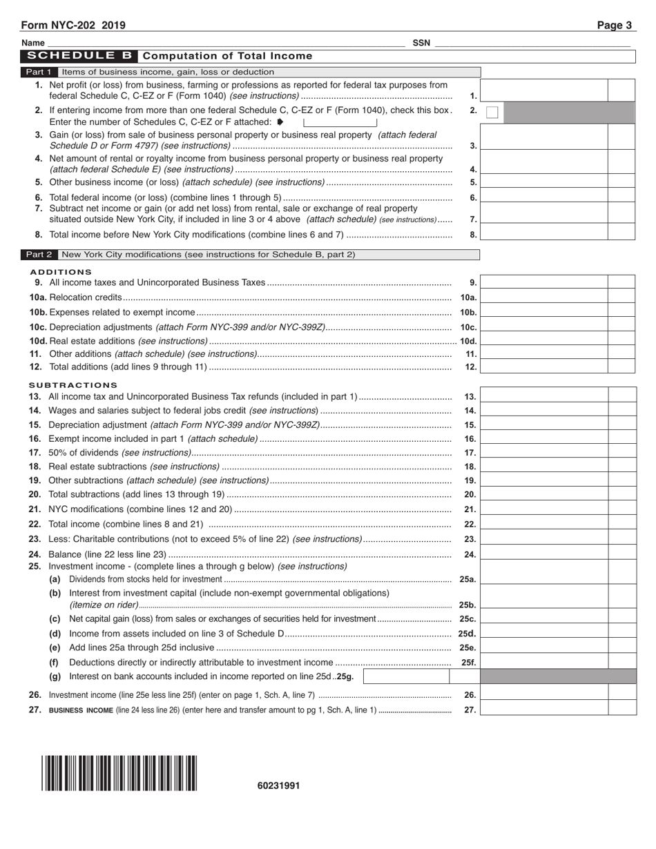 Form NYC-202 Unincorporated Business Tax Return for Individuals and Single-Member Llcs - New York City, Page 3