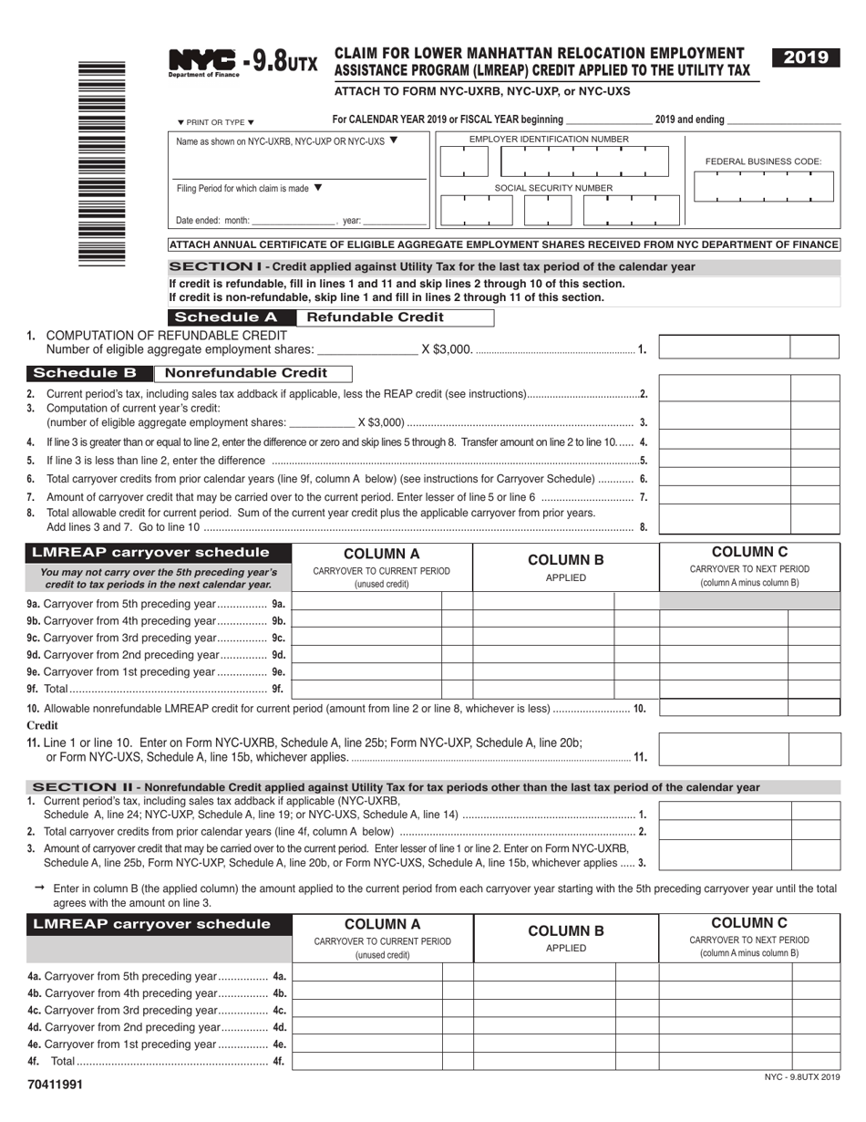 Form NYC-9.8UTX Claim for Lower Manhattan Relocation Employment Assistance Program (Lmreap) Credit Applied to the Utility Tax - New York City, Page 1