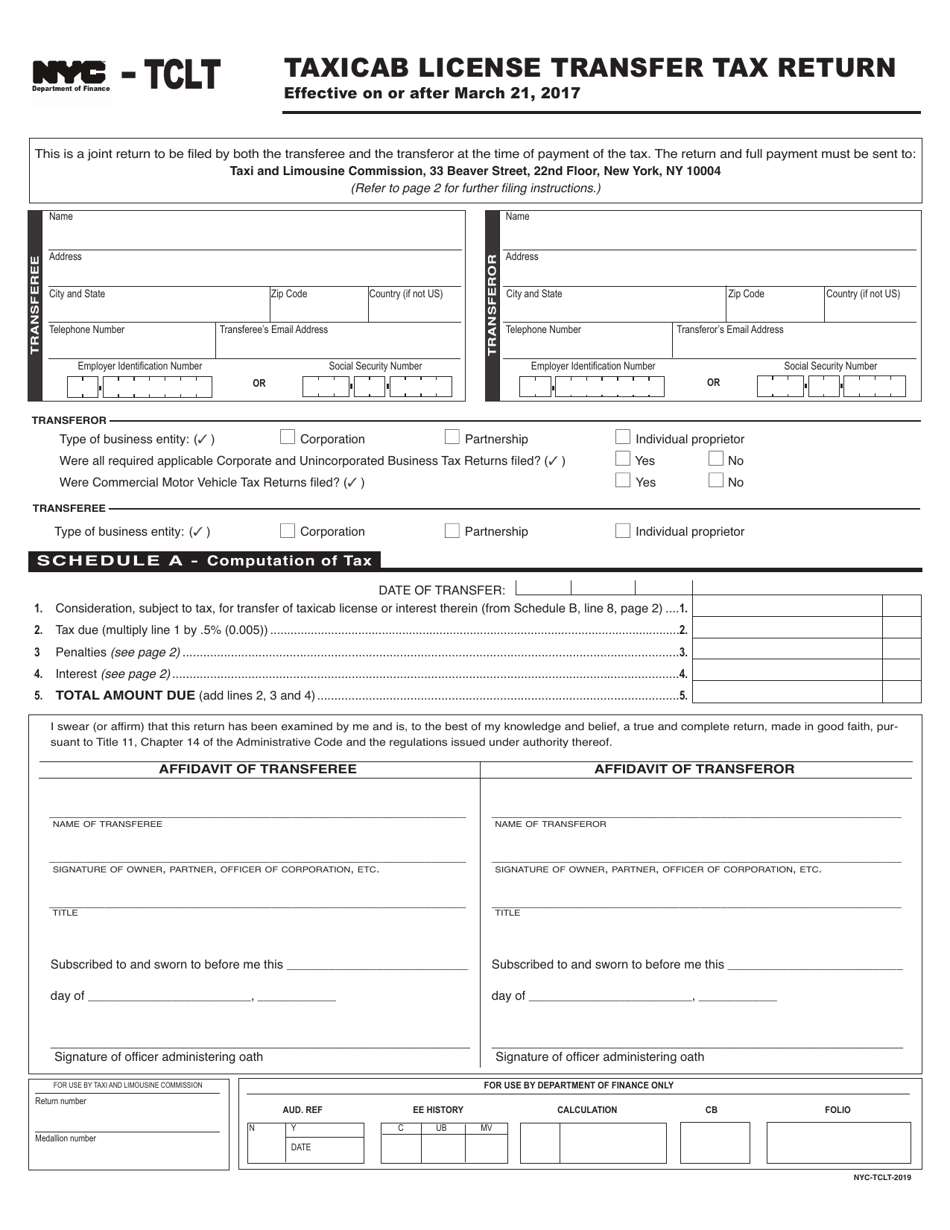 Form Nyc Tclt Download Printable Pdf Or Fill Online Taxicab License Transfer Tax Return New York City Templateroller