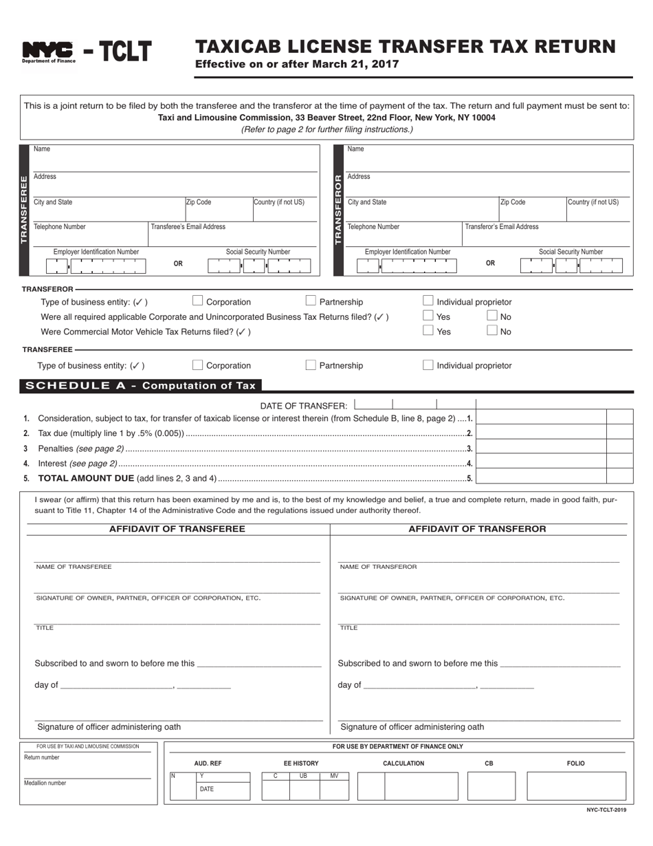 Form NYC-TCLT Taxicab License Transfer Tax Return - New York City, Page 1
