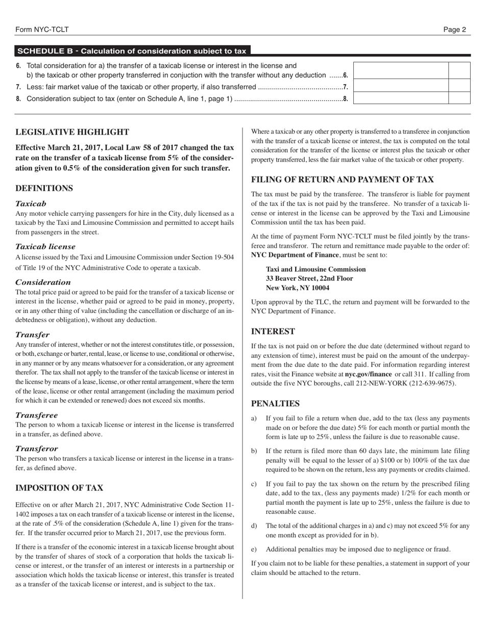 Form NYC-TCLT Taxicab License Transfer Tax Return - New York City, Page 2