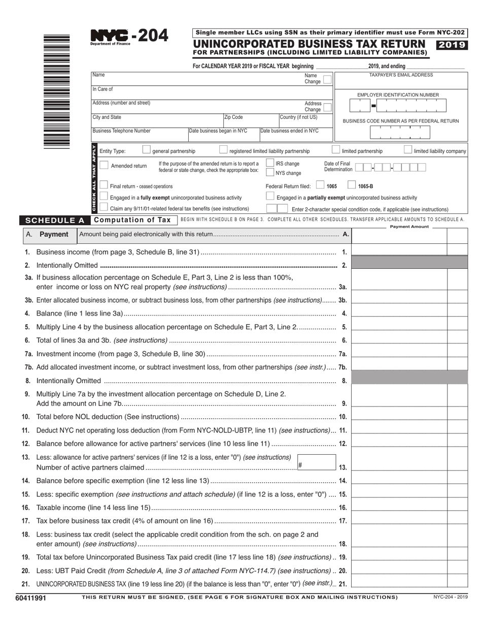 Form NYC-204 Unincorporated Business Tax Return for Partnerships (Including Limited Liability Companies) - New York City, Page 1