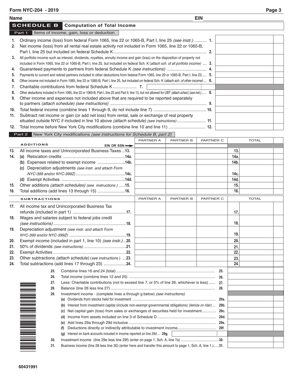 Form NYC-204 Unincorporated Business Tax Return for Partnerships (Including Limited Liability Companies) - New York City, Page 3