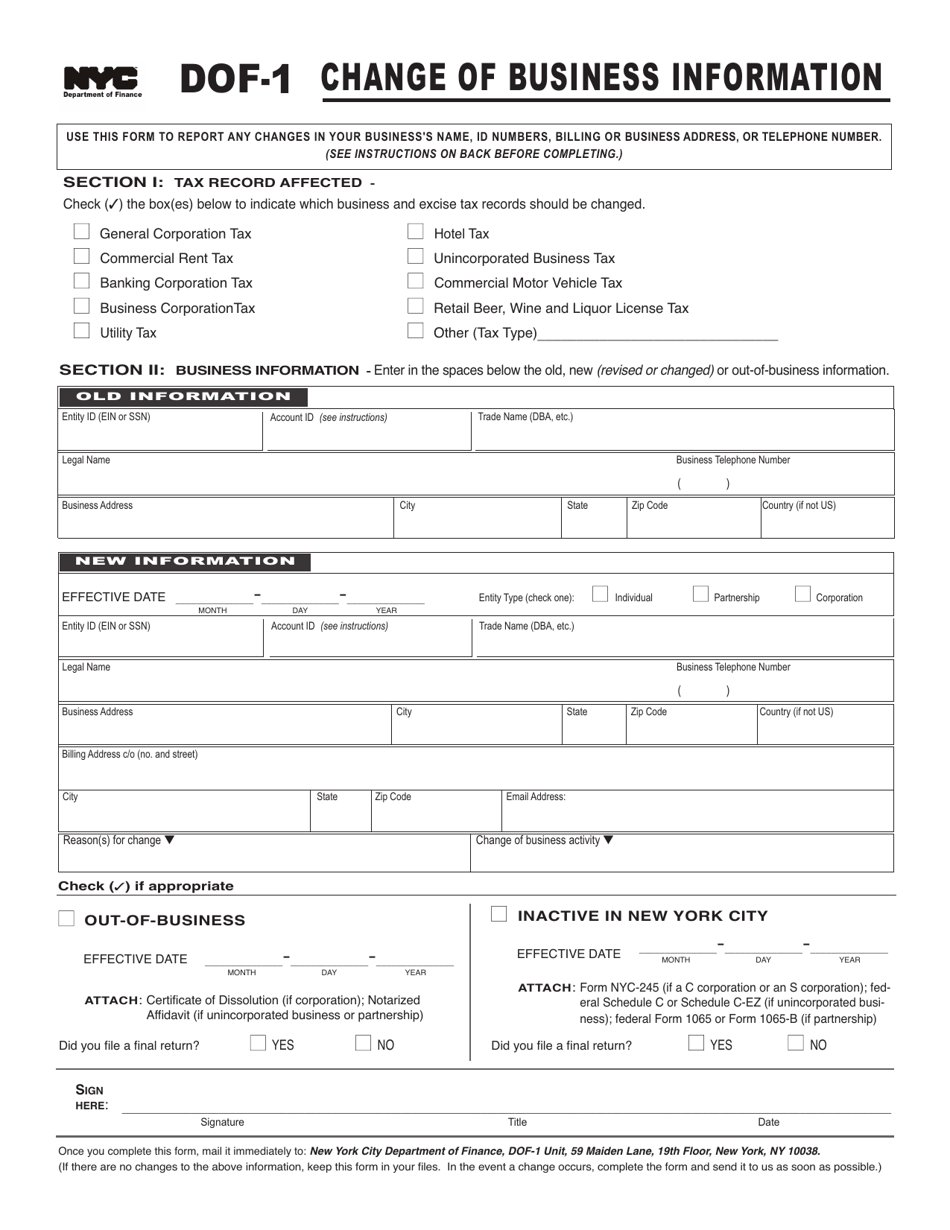 Form DOF-1 Change of Business Information - New York City, Page 1