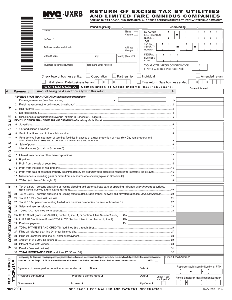 Form NYC-UXRB Return of Excise Tax by Utilities and Limited Fare Omnibus Companies - New York City, Page 1