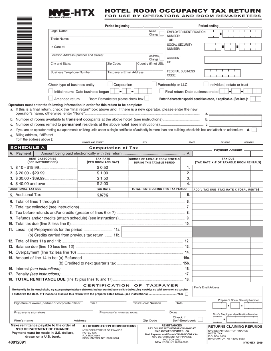 Form NYC-HTX Hotel Room Occupancy Tax Return for Use by Operators and Room Remarketers - New York City, Page 1