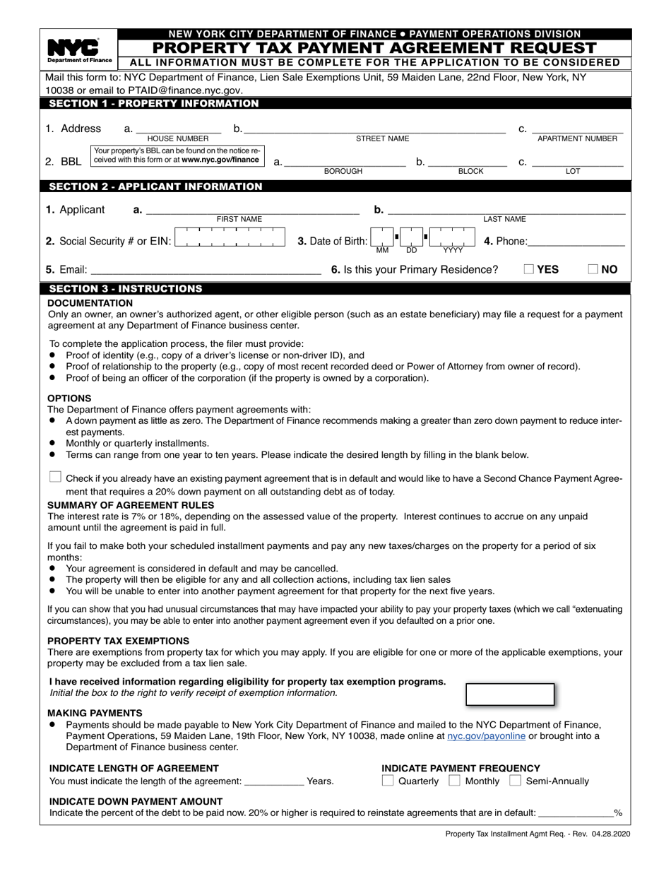 New York City Property Tax Payment Agreement Request Download Fillable