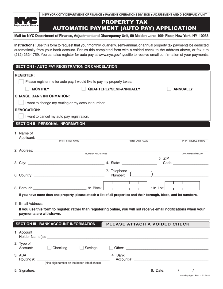 Property Tax Automatic Payment (Auto Pay) Application - New York City, Page 1