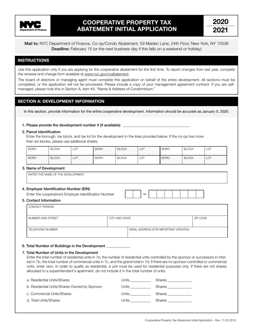 Cooperative Property Tax Abatement Initial Application - New York City Download Pdf