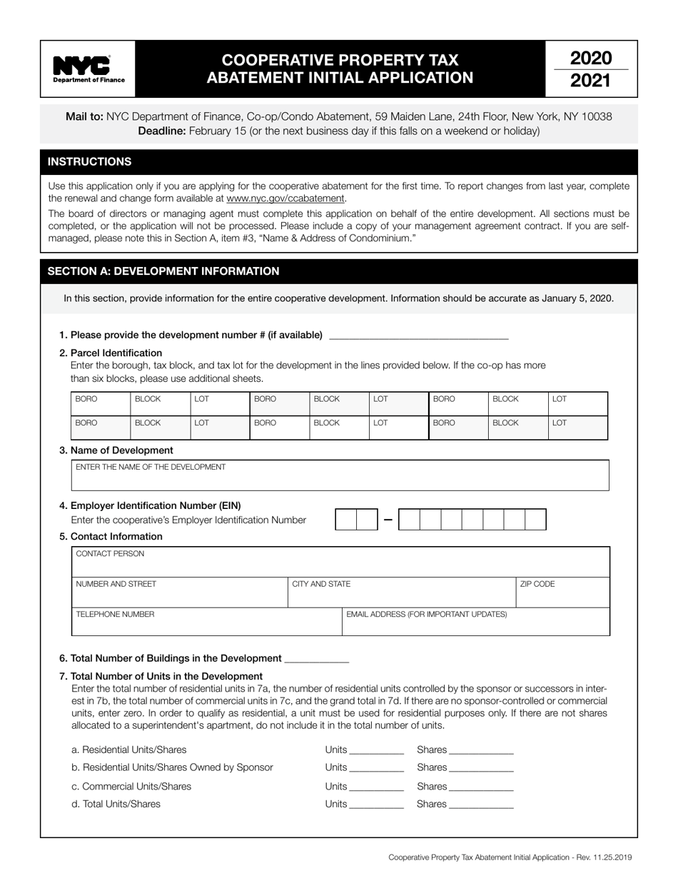 Cooperative Property Tax Abatement Initial Application - New York City, Page 1