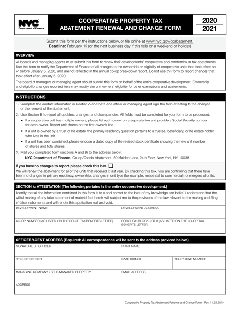 Cooperative Property Tax Abatement Renewal and Change Form - New York City Download Pdf