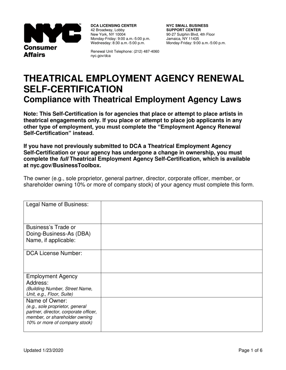Theatrical Employment Agency Renewal Self-certification - New York City, Page 1
