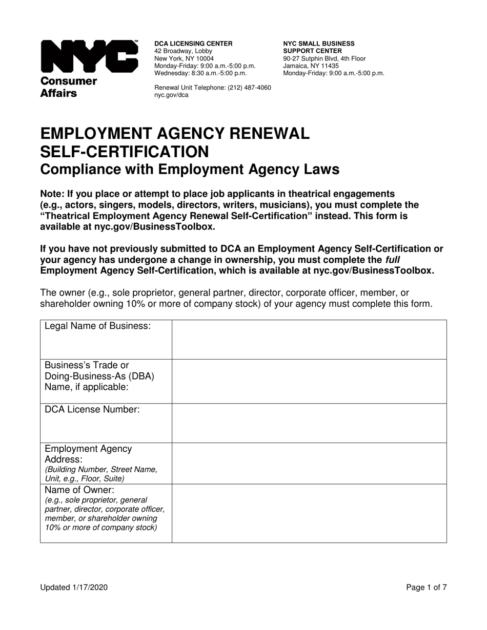 New York City Employment Agency Renewal Selfcertification Fill Out