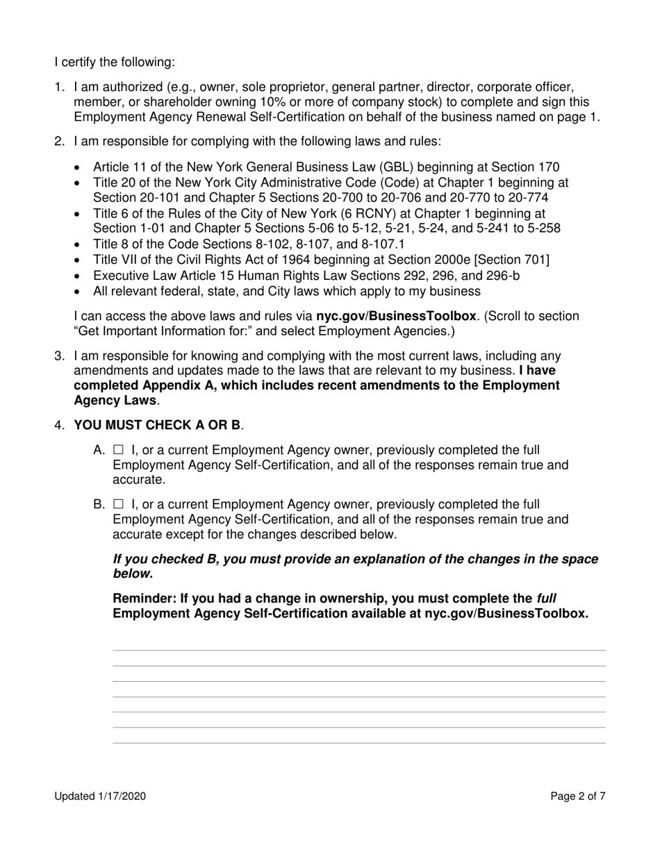 Employment Agency Renewal Self-certification - New York City, Page 2