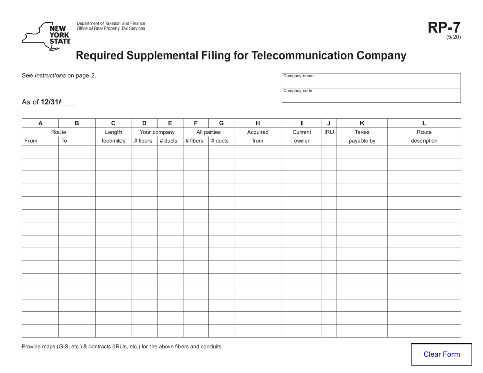 Form RP-7 Required Supplemental Filing for Telecommunication Company - New York, Page 1