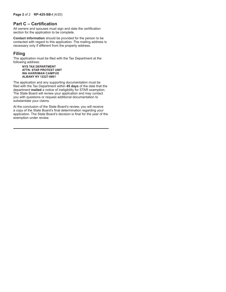 Instructions for Form RP-425-SB Application for State Board Review of Tax Department Determination of Star Exemption Ineligibility - New York, Page 2