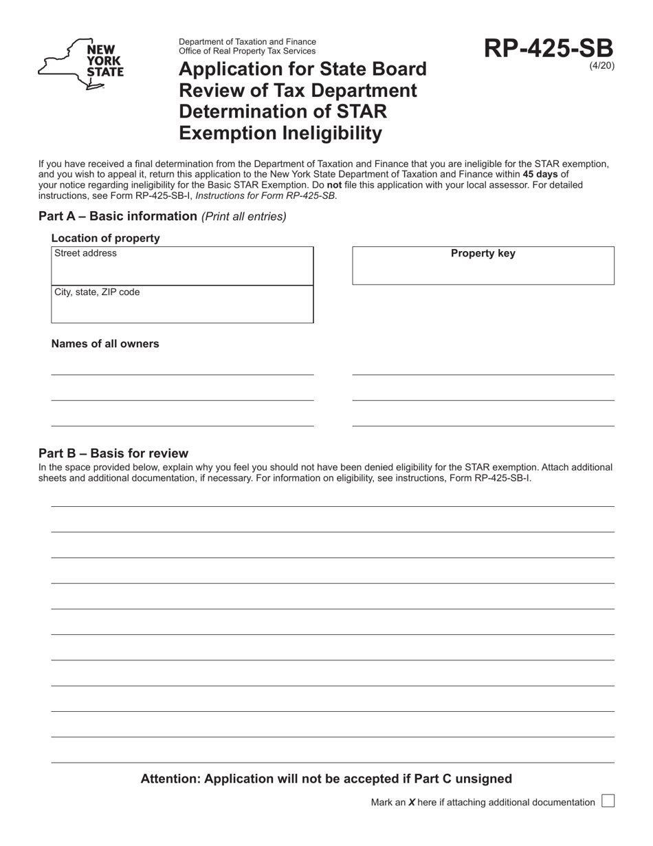 Form RP-425-SB Application for State Board Review of Tax Department Determination of Star Exemption Ineligibility - New York, Page 1