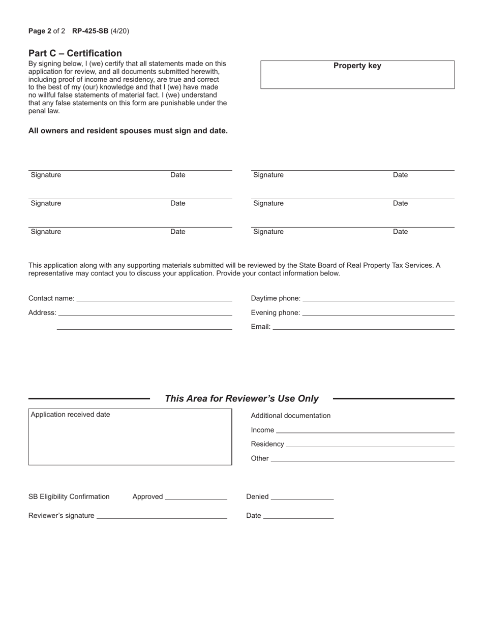 Form RP-425-SB Application for State Board Review of Tax Department Determination of Star Exemption Ineligibility - New York, Page 2