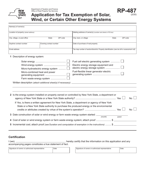 Form RP-487 Application for Tax Exemption of Solar, Wind, or Certain Other Energy Systems - New York