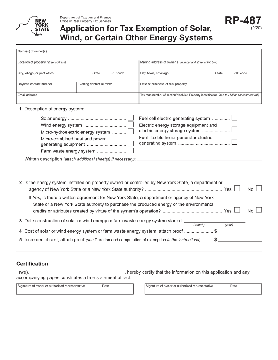 Form RP-487 Application for Tax Exemption of Solar, Wind, or Certain Other Energy Systems - New York, Page 1