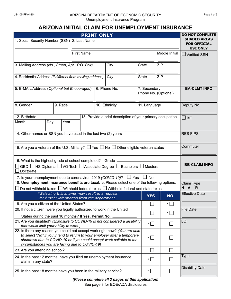 Form UB-105 Arizona Initial Claim for Unemployment Insurance - Arizona, Page 1