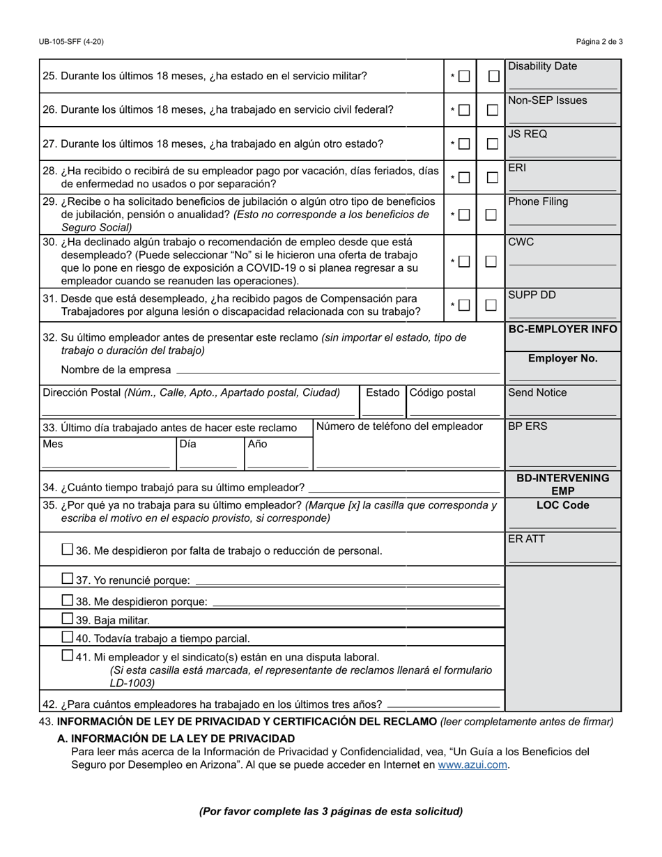 Formulario UB-105-S Reclamo Inicial Para Seguro Por Desempleo En Arizona - Arizona (Spanish), Page 2