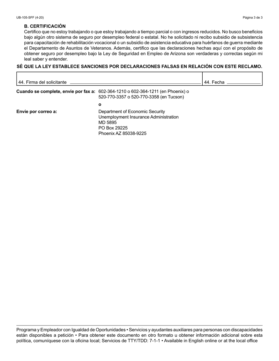 Formulario UB-105-S Reclamo Inicial Para Seguro Por Desempleo En Arizona - Arizona (Spanish), Page 3