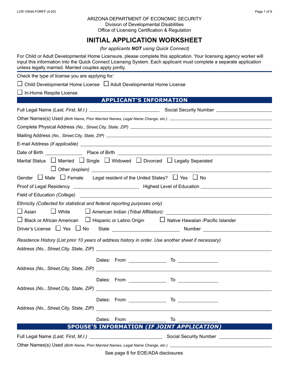 Form LCR-1054A Initial Application Worksheet - Arizona, Page 1