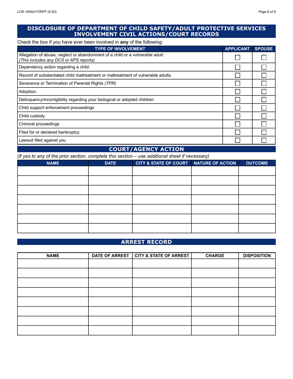 Form LCR-1054A Initial Application Worksheet - Arizona, Page 6
