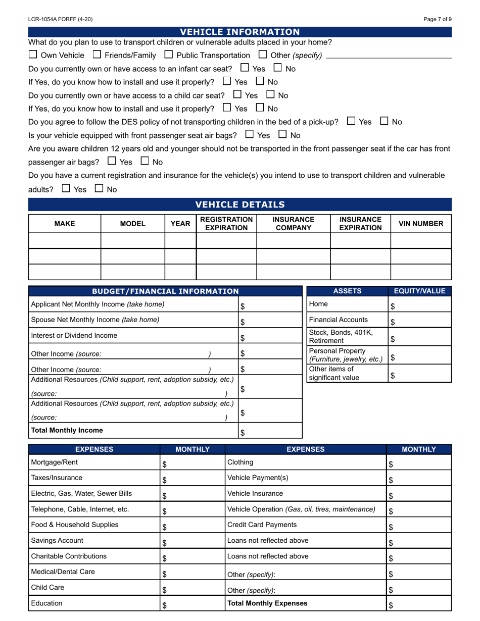 Form LCR-1054A Initial Application Worksheet - Arizona, Page 7