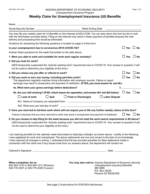 Form UB-106-A-FF Weekly Claim for Unemployment Insurance (Ui) Benefits - Arizona