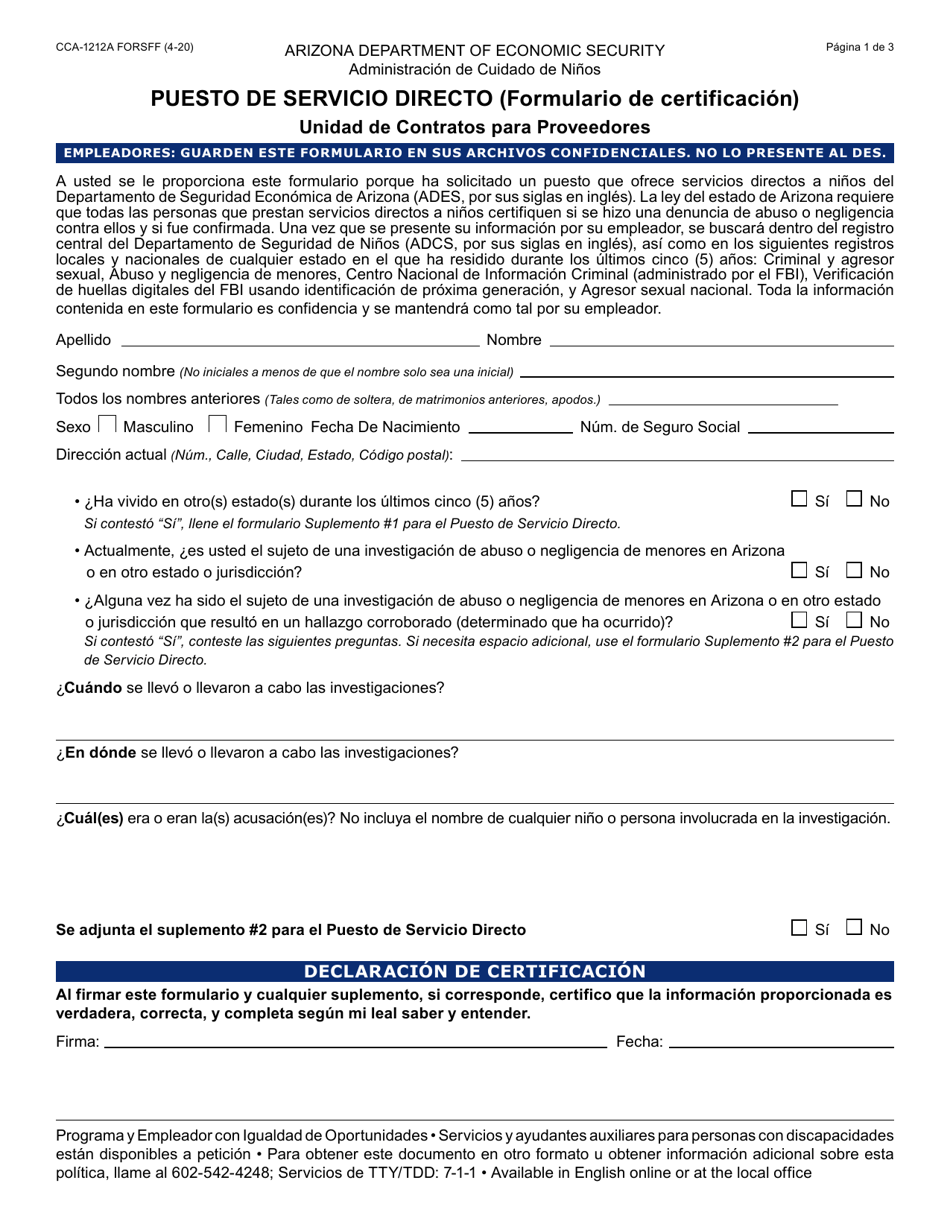 Formulario CCA-1212A Puesto De Servicio Directo (Formulario De Certificacion) - Arizona (Spanish), Page 1