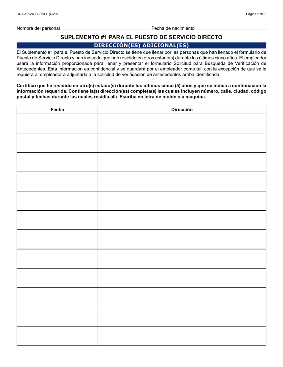 Formulario CCA-1212A Puesto De Servicio Directo (Formulario De Certificacion) - Arizona (Spanish), Page 2