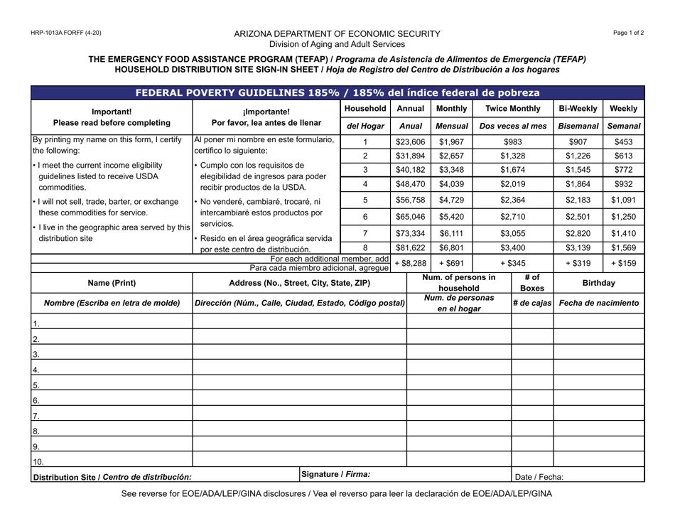 Form HRP-1013A The Emergency Food Assistance Program (Tefap) Household Distribution Site Sign-In Sheet - Arizona (English / Spanish), Page 1