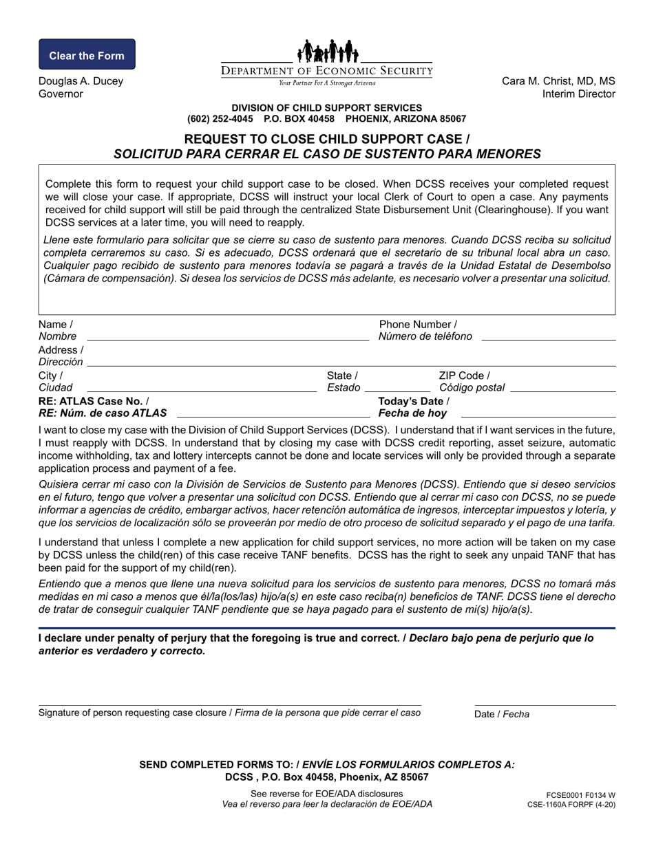 Form CSE-1160A Request to Close Child Support Case - Arizona (English / Spanish), Page 1