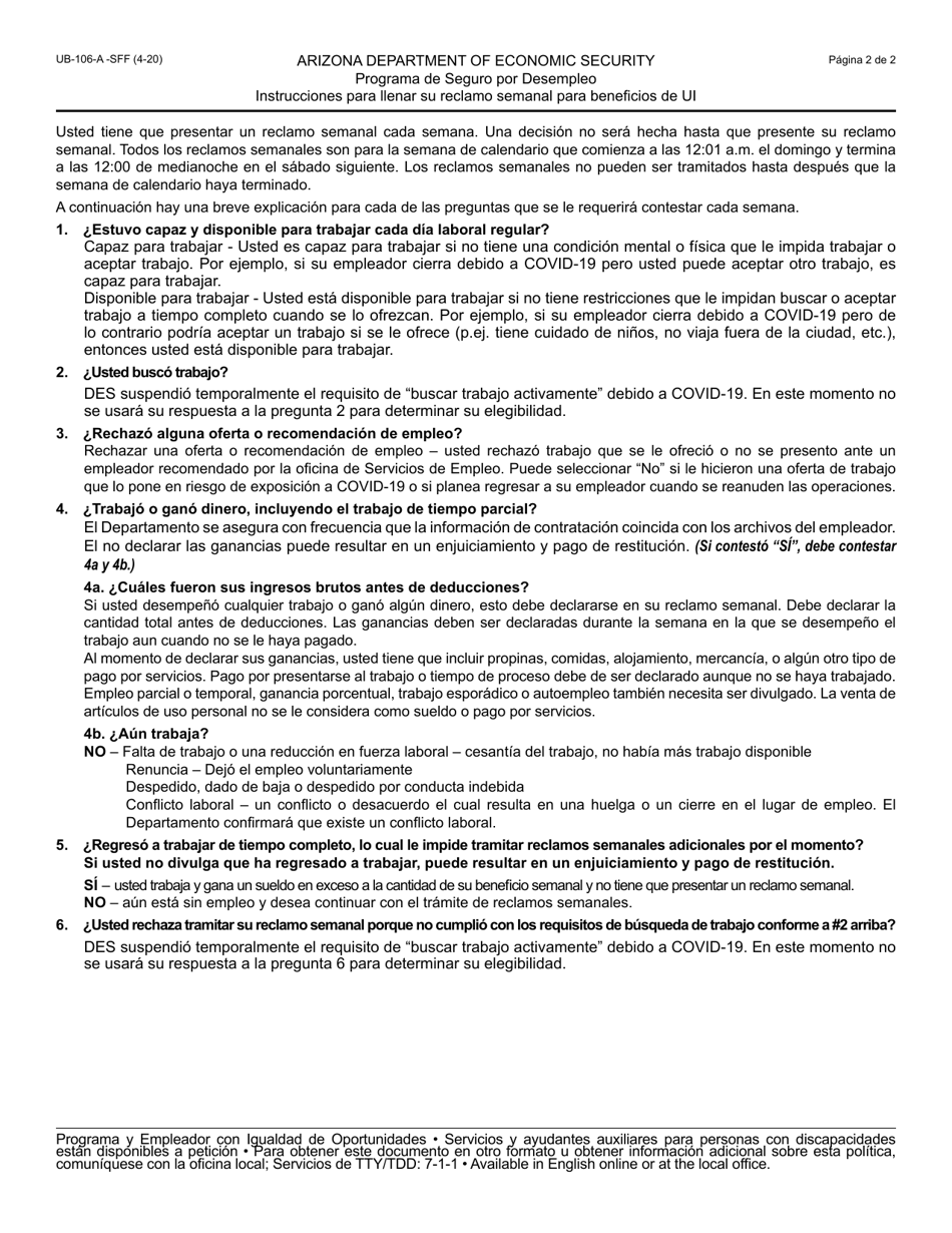 Formulario UB-106-A-S Reclamo Semanal Para Beneficios De Seguro Por Desempleo (Ui) - Arizona (Spanish), Page 2