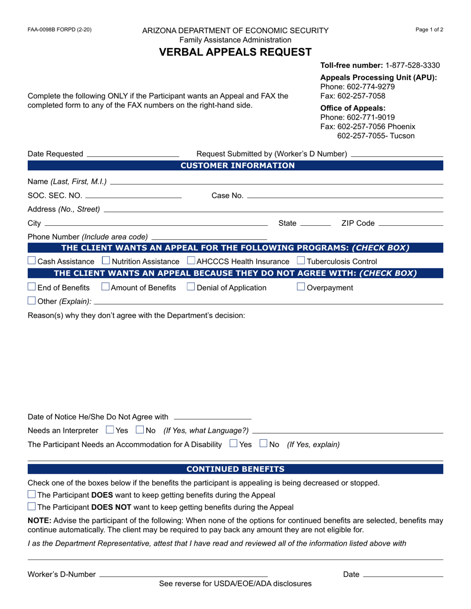 Form FAA-0098B Verbal Appeals Request - Arizona, Page 1