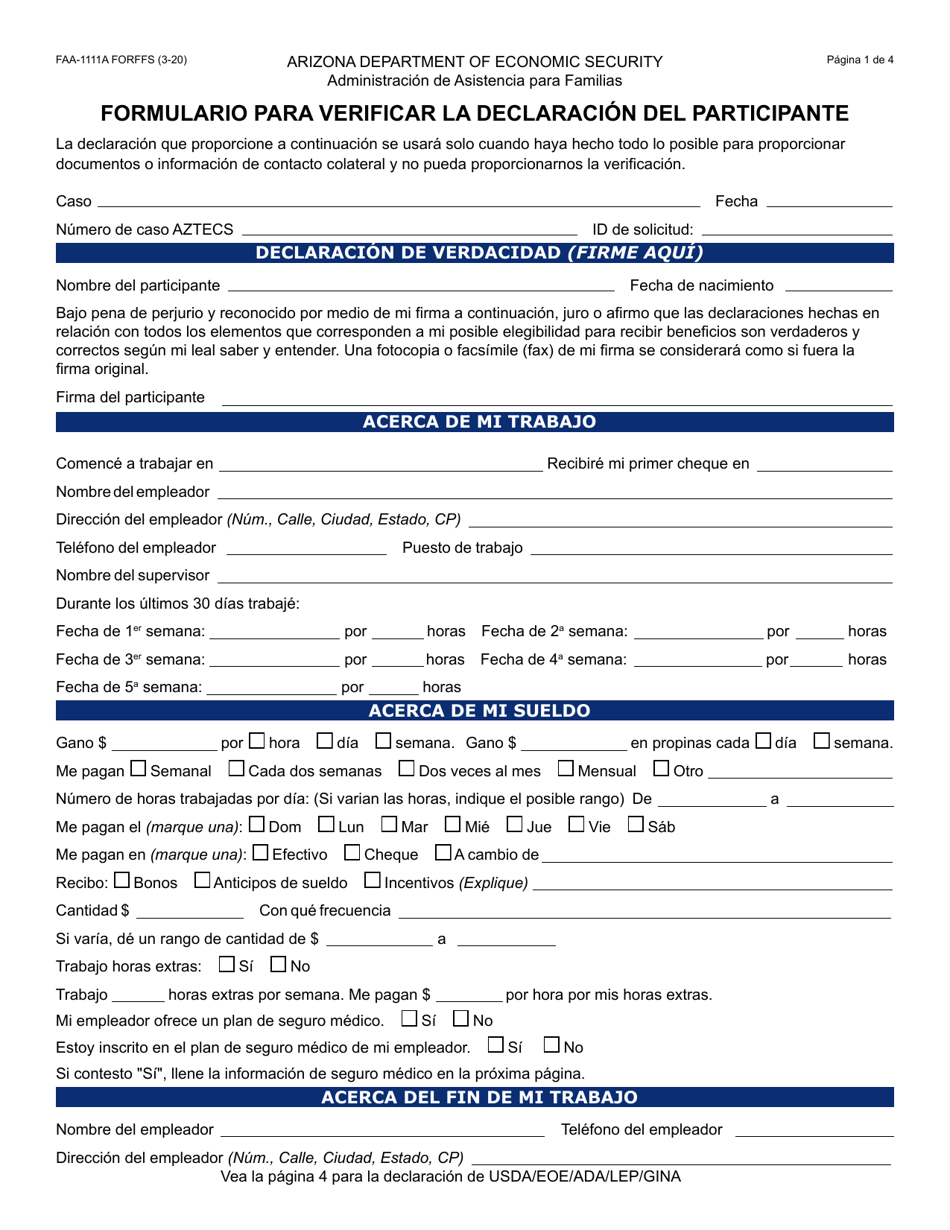 Formulario FAA-1111A Formulario Para Verificar La Declaracion Del Participante - Arizona (Spanish), Page 1