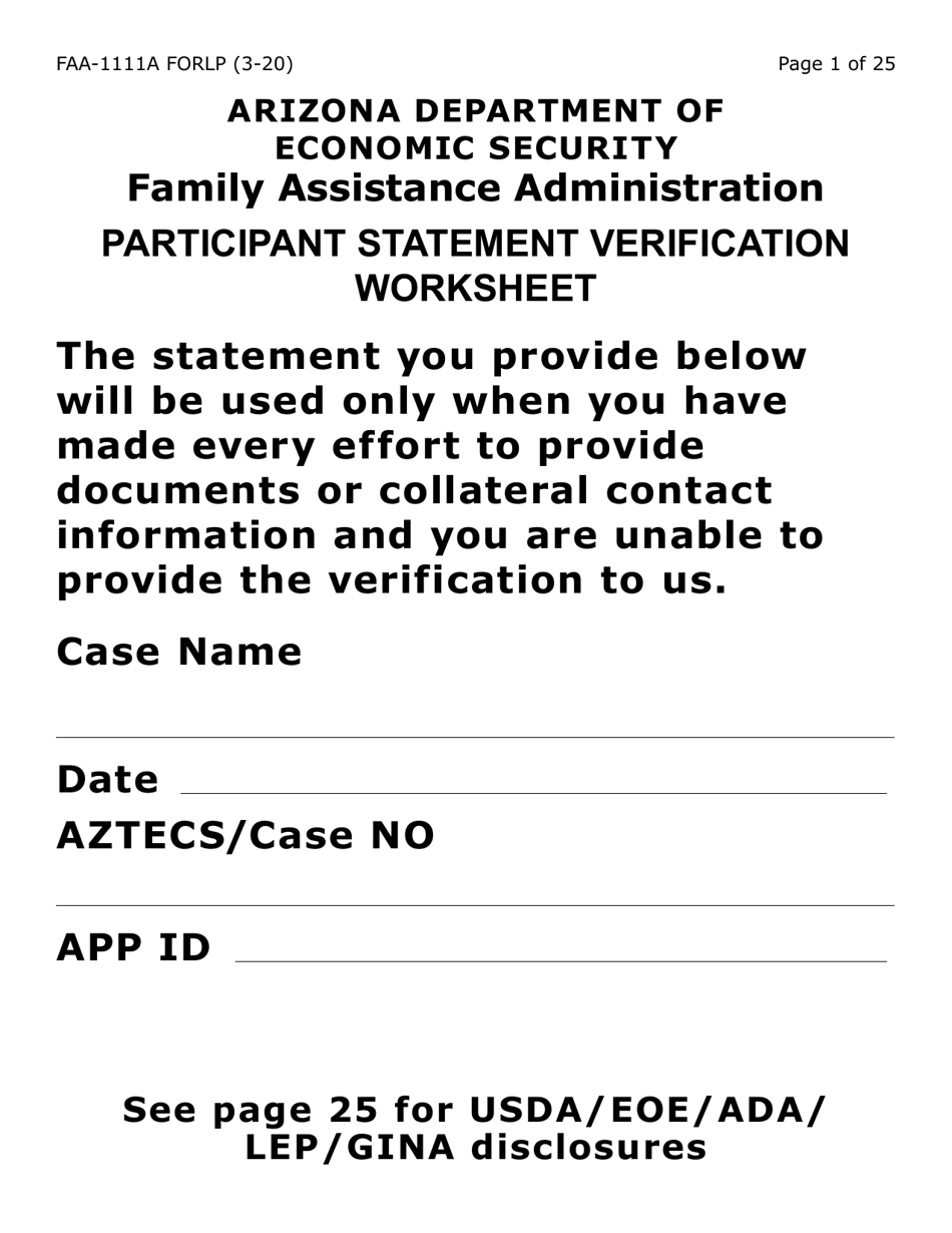 Form FAA-1111A-LP Participant Statement Verification Worksheet (Large Print) - Arizona, Page 1