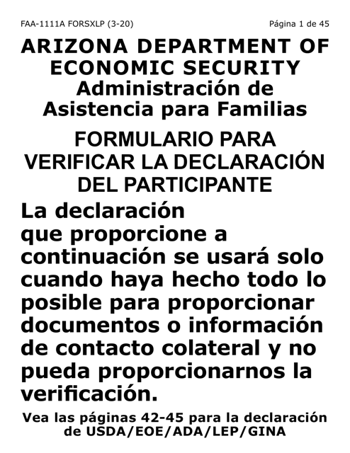 Document preview: Formulario FAA-1111A-SXLP Hoja Para Verificar La Declaracion Del Participante (Letra Extra Grande) - Arizona (Spanish)