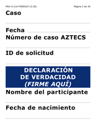 Formulario FAA-1111A-SXLP Hoja Para Verificar La Declaracion Del Participante (Letra Extra Grande) - Arizona (Spanish), Page 2